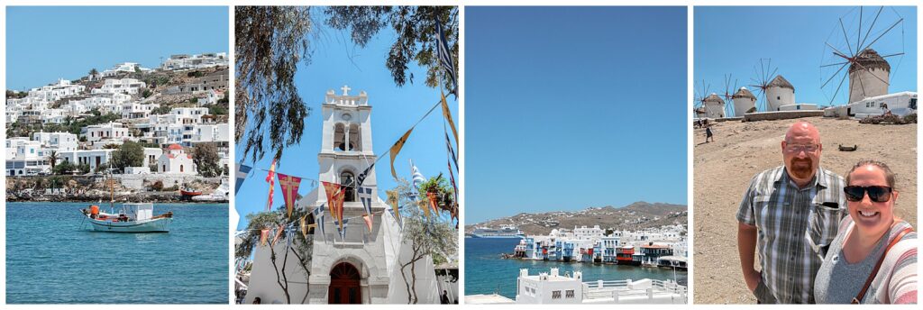 Mykonos Greece water, church, little Venice and the famous windmills.