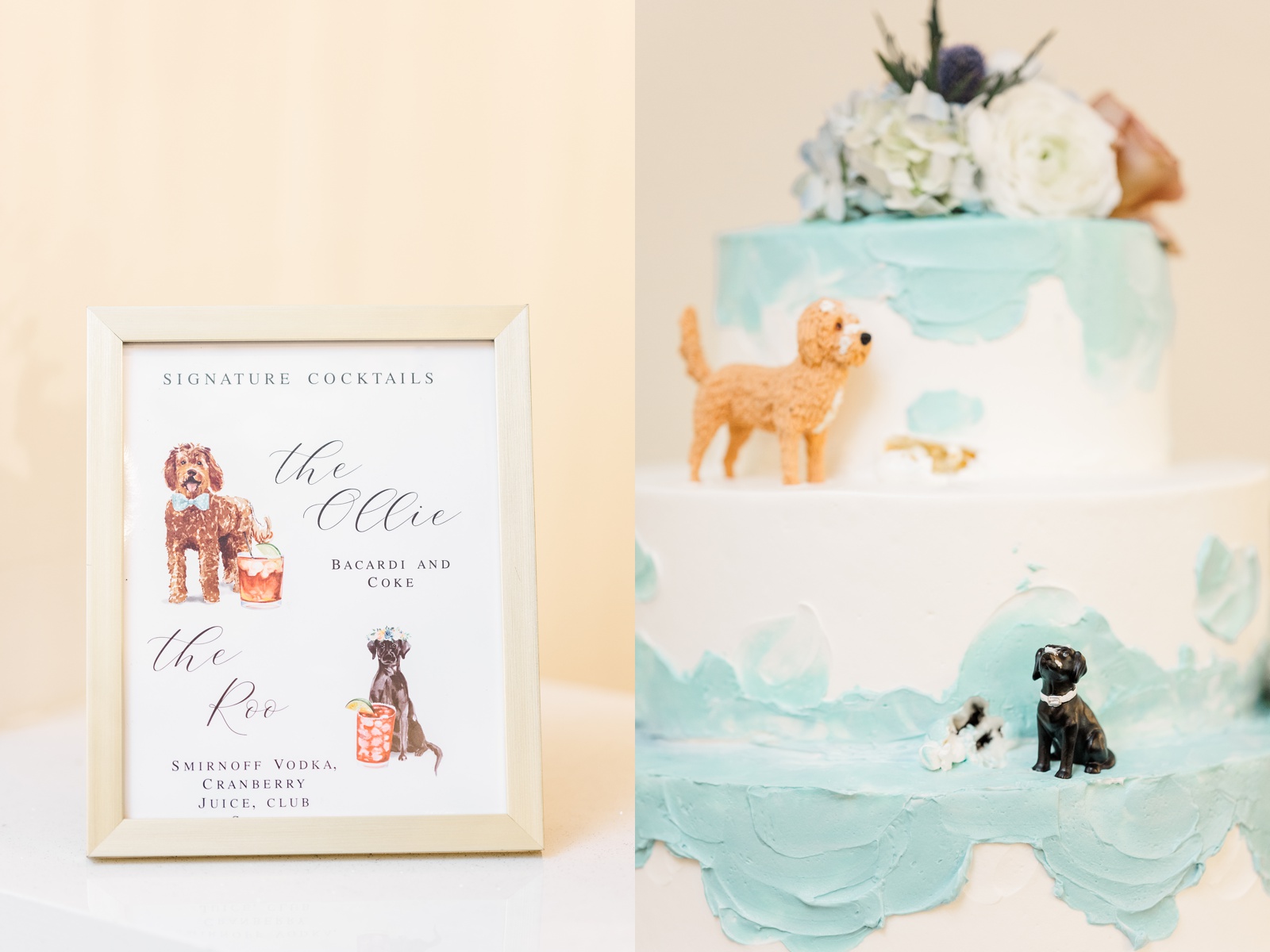 Cocktail sign and dog figurine on cake