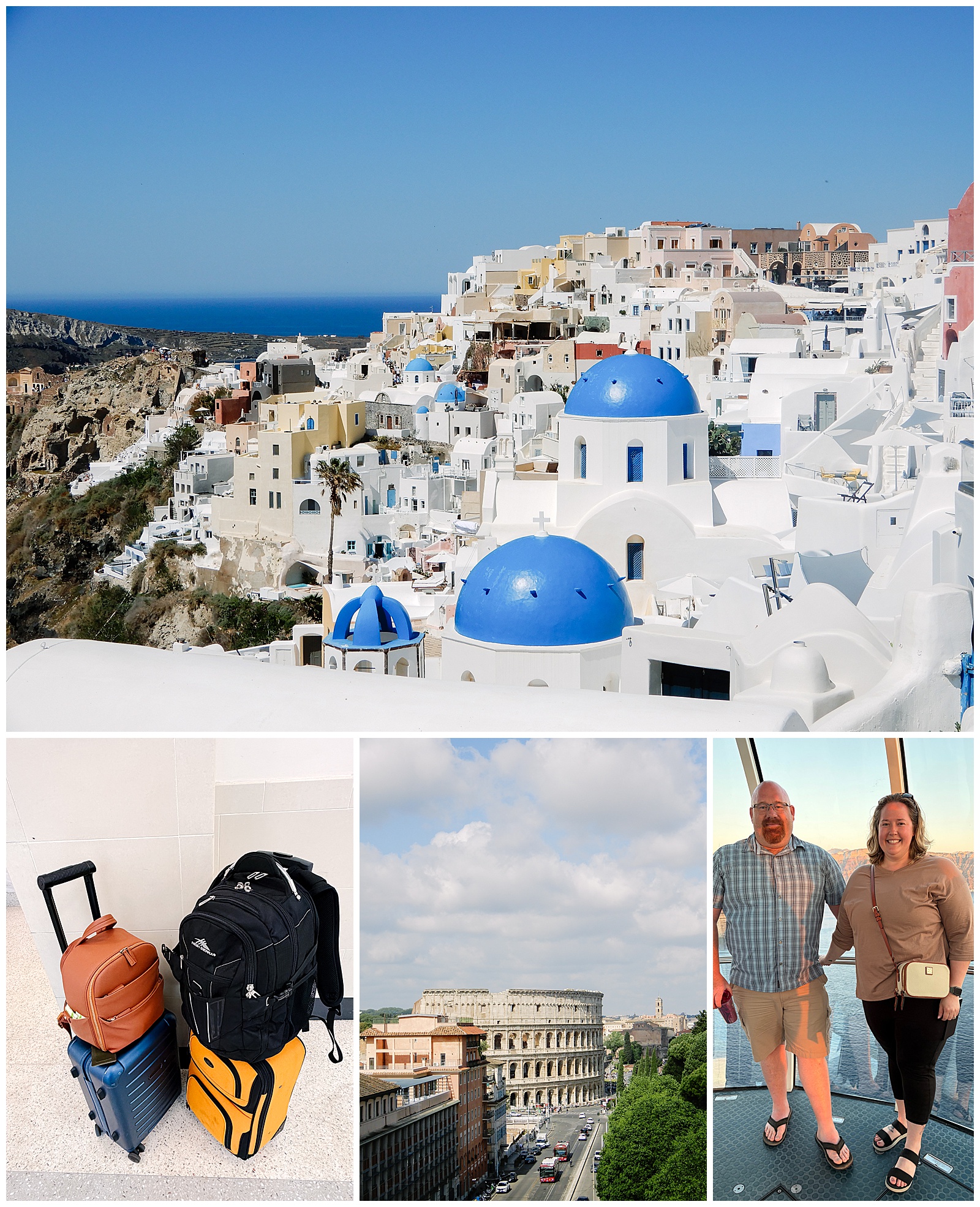 Three blue dome churches in Santorini Greece and Packing